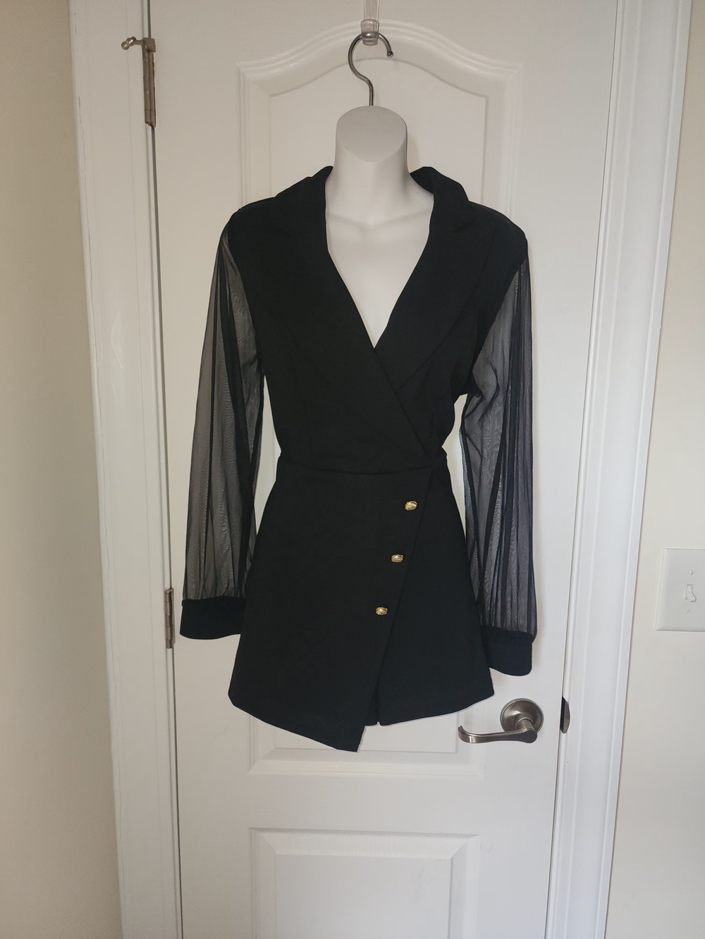 Black Wrap-Style Blazer Dress with Sheer Sleeves